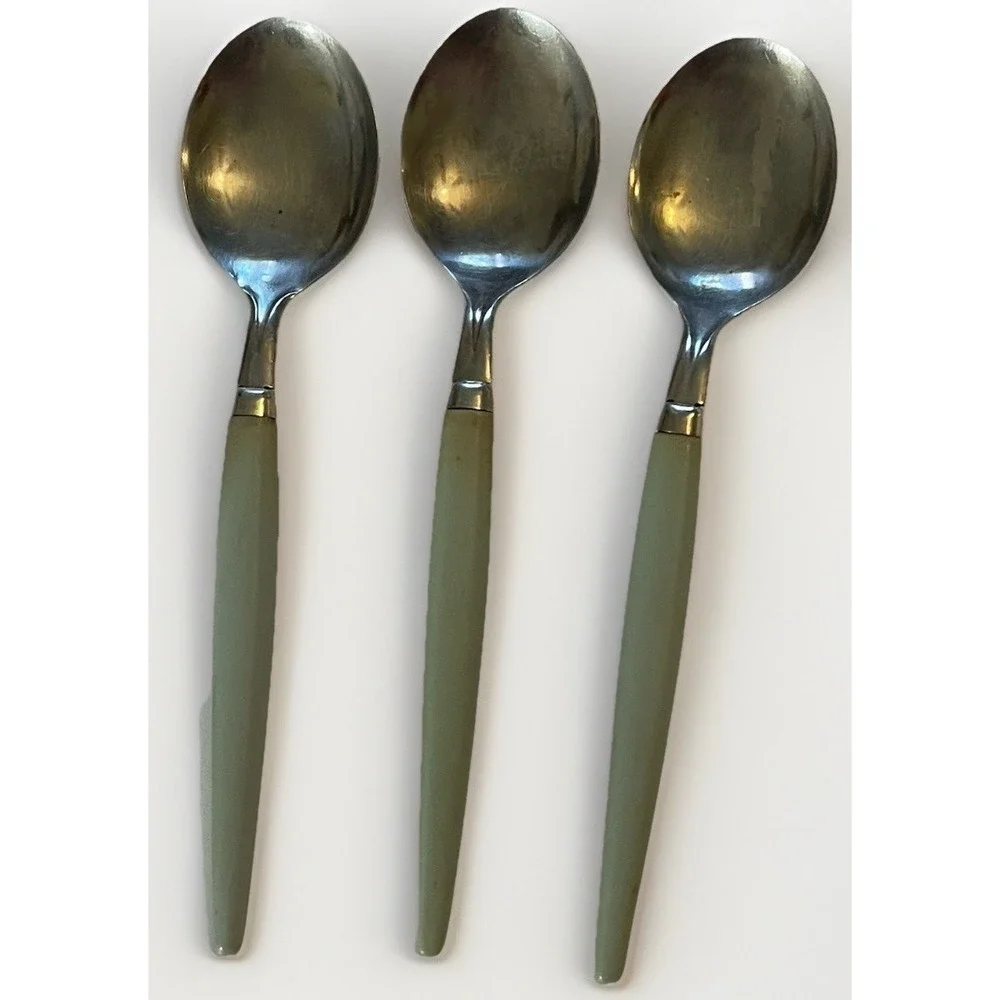 Vintage Castle Stainless Flatware Green Handle MCM 3‎ Teaspoons